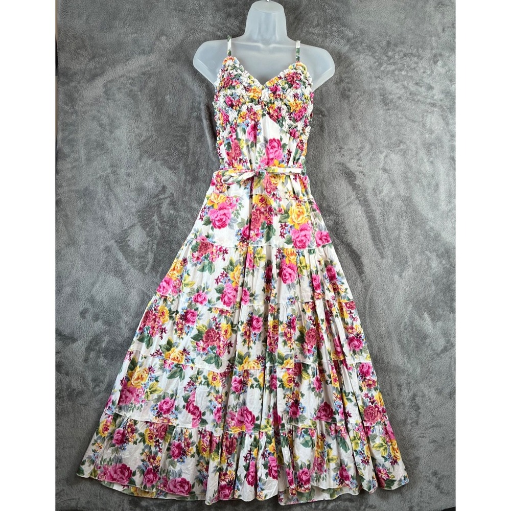 Vintage Style Floral Tiered Maxi Dress Large Smocked Bodice Sundress Boho